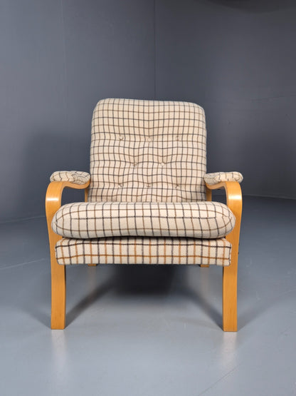 Vintage Bentwood Lounge Chair Danish Cream Wool Check 1980s Retro EB10334 MBEN2