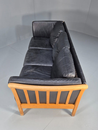 Vintage 3 Seat Sofa Black Leather Beech Ends Stouby Retro 1980s MCM EB8593 M3SS - UKDK FURNITURE