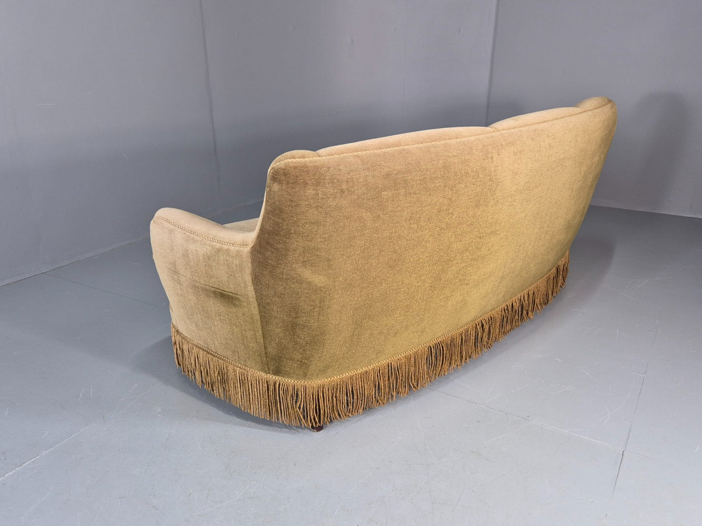 Vintage Danish  Banana Sofa Green Velour Tassels 1960s Retro MCM  EB10802 V3SS17