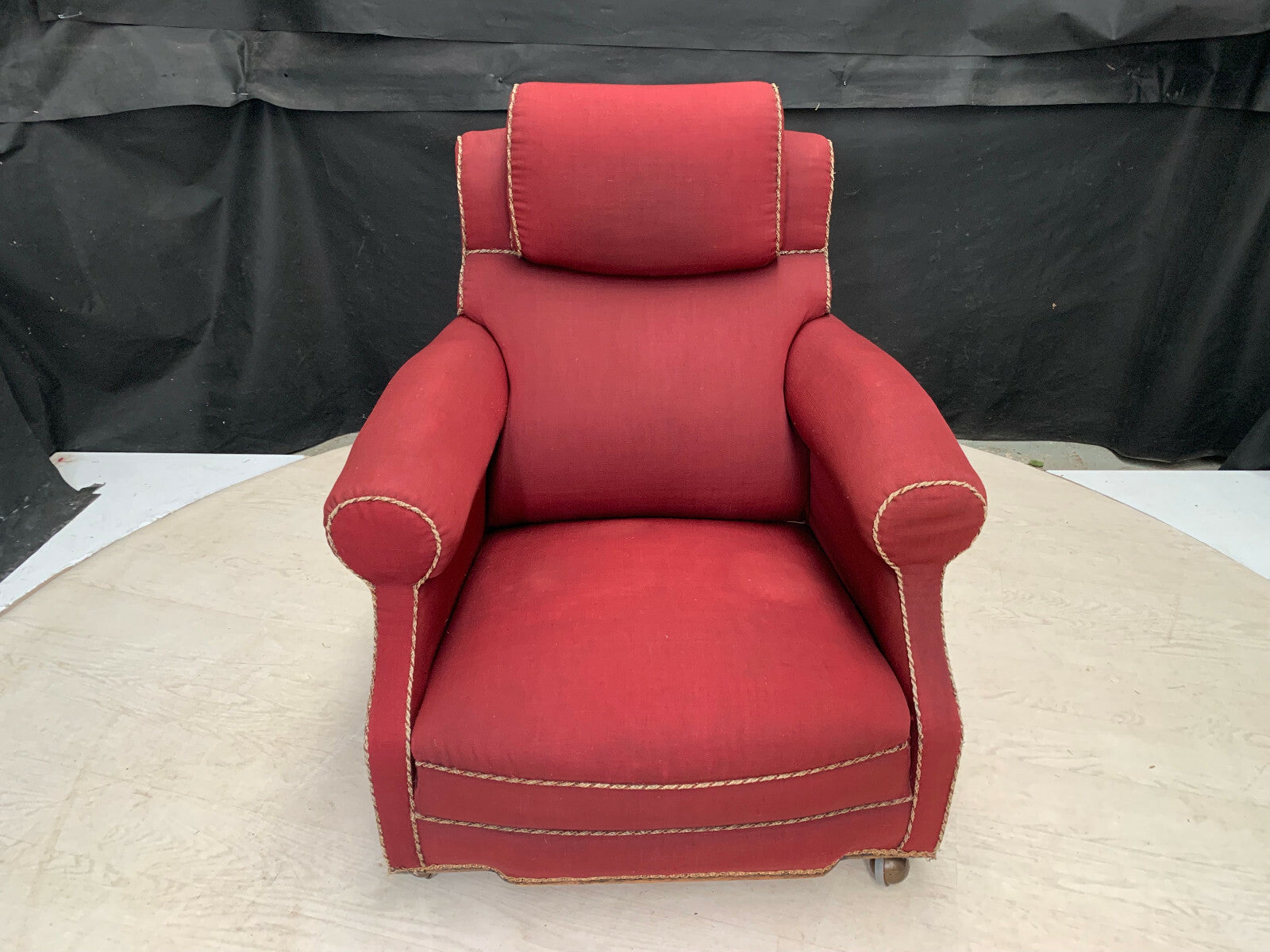 Vintage Arm Chair with Castors Dark Red Fabric for Reupholstery VCLO EB25975