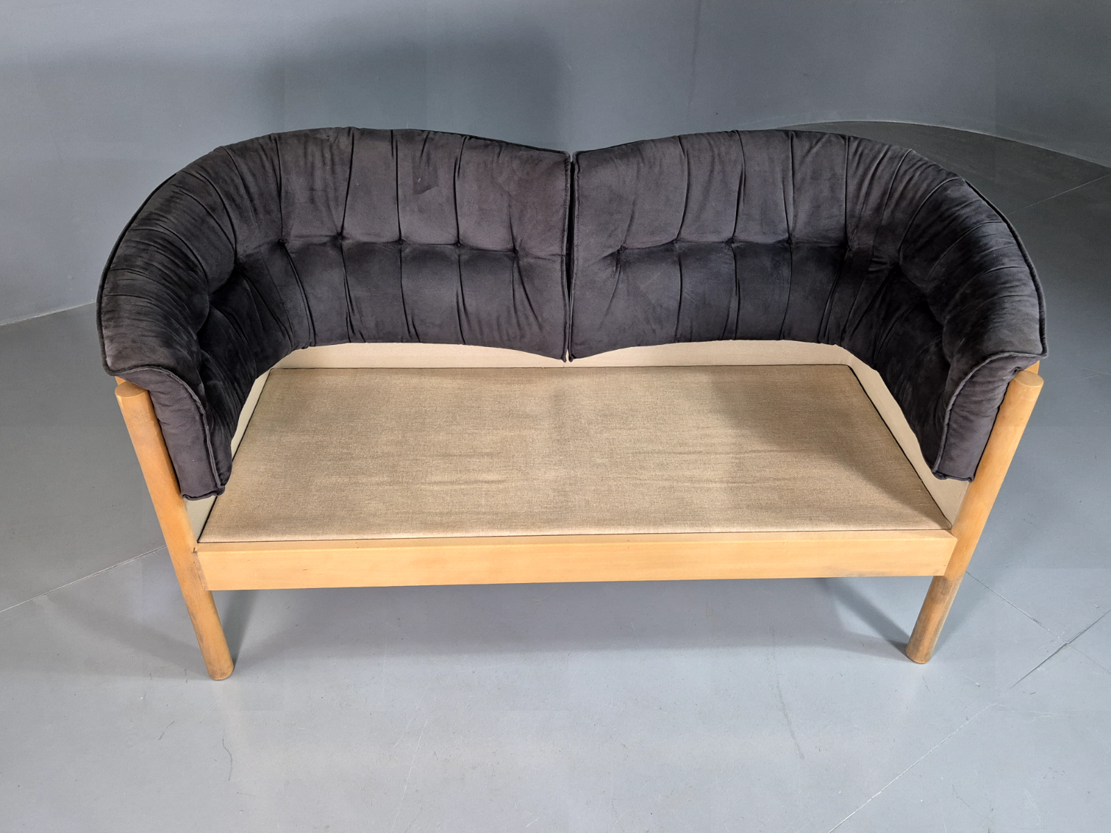 Vintage Danish 2 Seat Sofa Slate Velour Beech Frame Curved Retro MCM EB7198 M2SS - UKDK FURNITURE