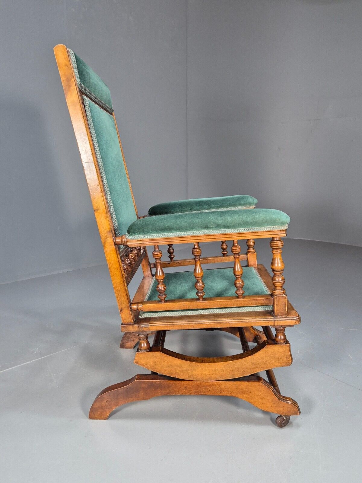 An Edwardian Mahogany Rocking Chair American Style Green Velvet EB9386 VCLO - UKDK FURNITURE