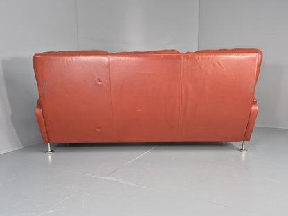 Vintage 3 seat Settee 1970s Retro Danish Red Tan Leather Buttoned EB10555 M3SS22