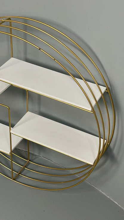 Vintage 1960s Round Shelving Wall Mounted Gold & White Wire Framed EB11491 MWOO6