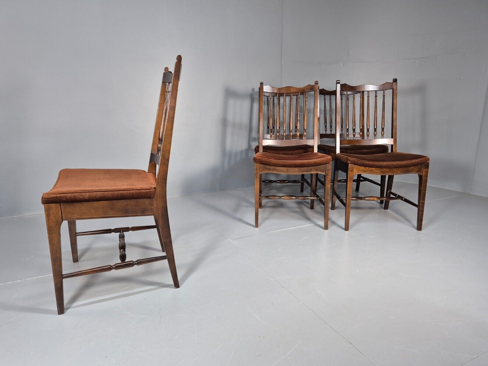 5 Vintage Dining Chairs Brown Velour Mahogany Stag 1970s Retro EB9148 VDIN - UKDK FURNITURE