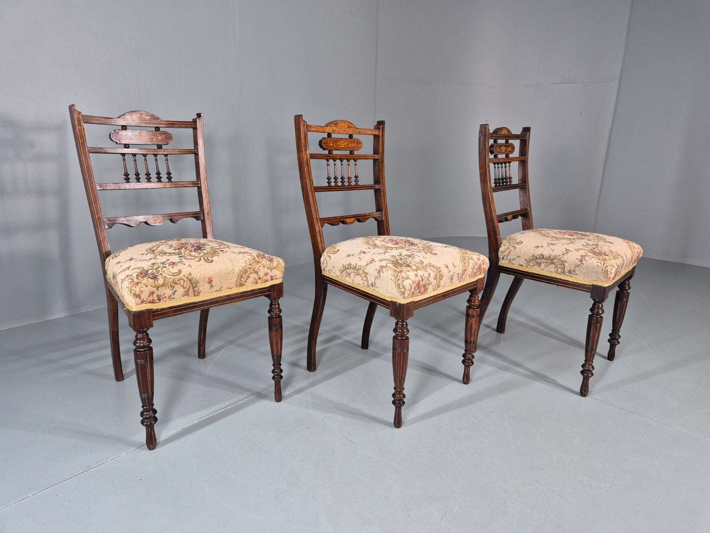 3 Antique Saloon Chairs Rosewood Frame Floral Seats Inlay Victorian EB10990 VDIN11