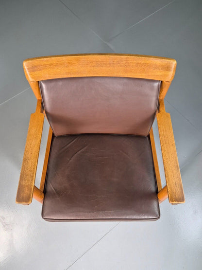 Vintage Scandinavian Elbow Chair Brown Leather Oak Frame Retro MCM EB7067 MNOR - UKDK FURNITURE