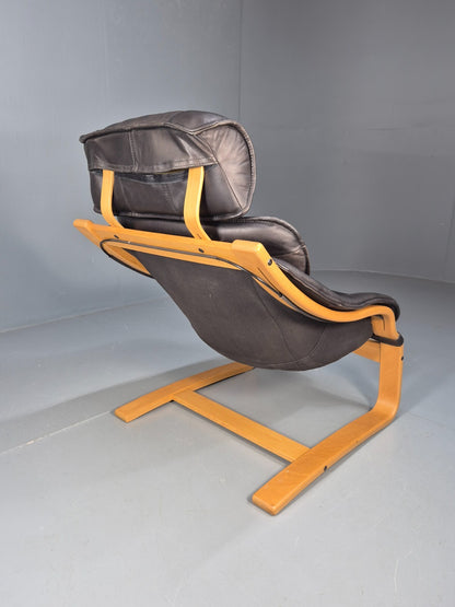 Vintage Black Leather Armchair Blonde Bentwood 1980s Danish MCM EB9256 MBEN4