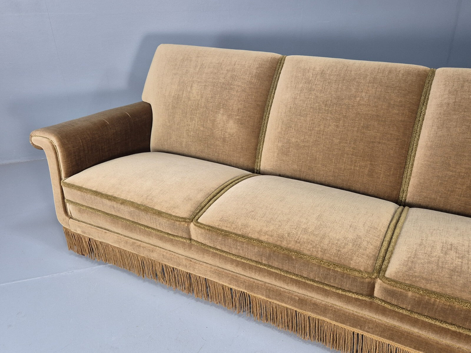Vintage 3 Seater Sofa Green Velour Danish Mid Century Design Tassels EB9551 M3SS - UKDK FURNITURE