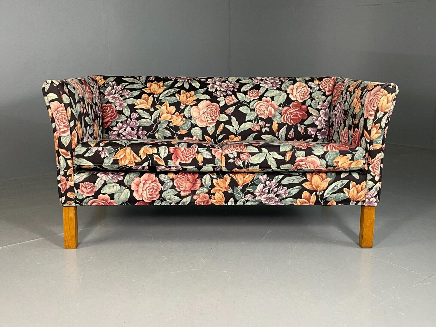 Vintage Danish 2 Seat Sofa Floral Print Oak 1970s Retro Mid Century EB6679 M2SS - UKDK FURNITURE