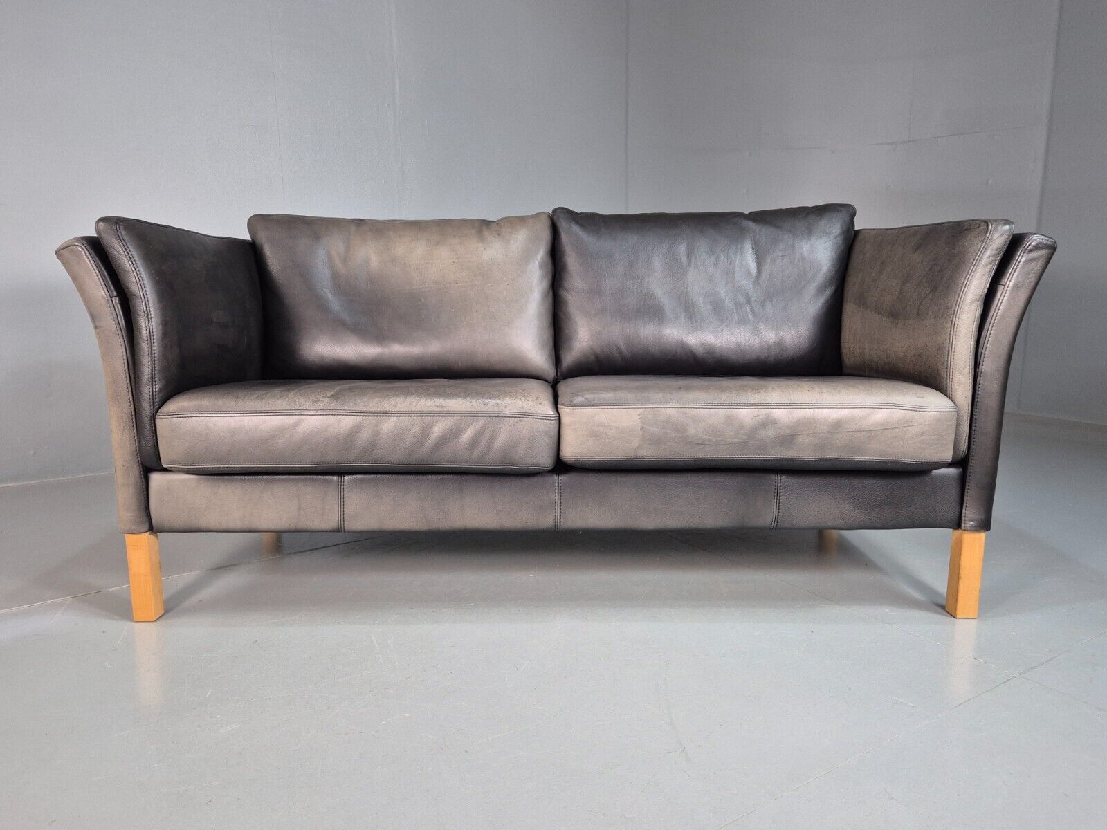 Vintage Danish Two Seat Sofa Faded Black Leather 1980s Retro MCM EB8168 M2SS - UKDK FURNITURE