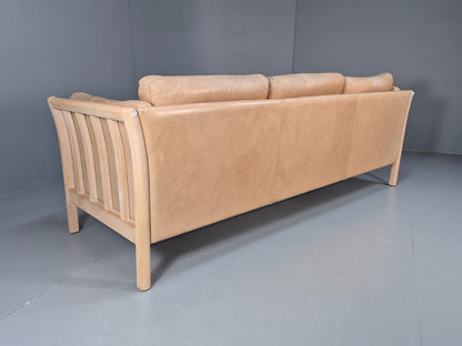 Vintage danish Tan Leather 3 Seat Sofa Wooden Ends Mogens Hansen MCM EB9083 M3SS - UKDK FURNITURE