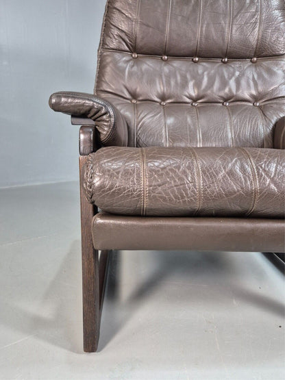 Vintage Danish Lounge Chair Brown Leather Buttoned 1970s Retro MCM EB8239 MNOR - UKDK FURNITURE