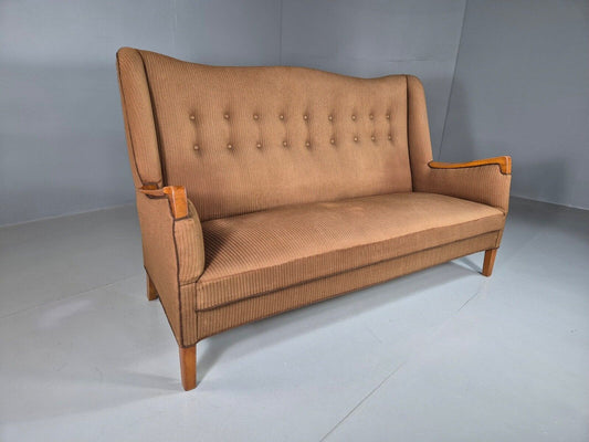 Vintage Danish 3 Seat Sofa Brown Wool High Back 1950s Retro MCM EB7504 M3SS - UKDK FURNITURE
