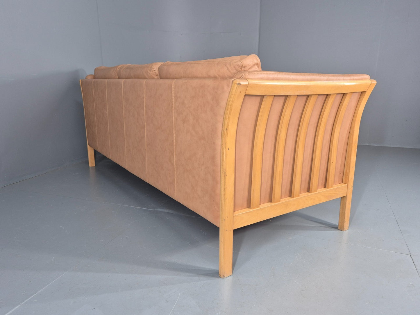 Vintage 3 Seater Sofa Danish Light Tan Leather Beech Skalma  Retro EB11914 M3SS19