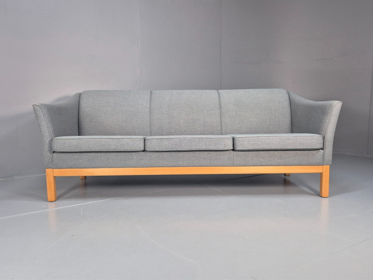 Mid Century Three Seater Sofa Blue wool Oak Base 1980s Retro  EB10398 M3SS4