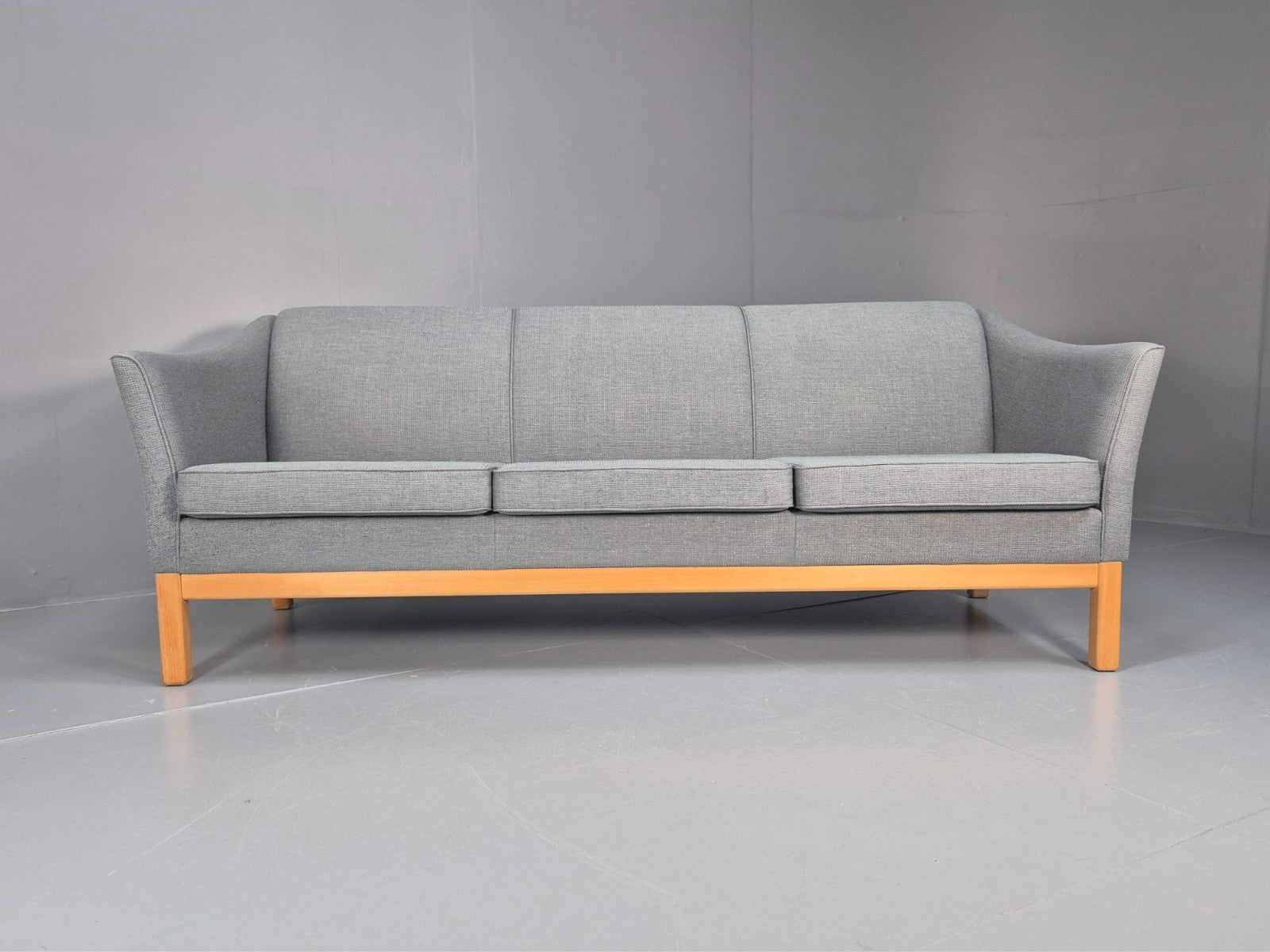 Mid Century Three Seater Sofa Blue wool Oak Base 1980s Retro  EB10398 M3SS4