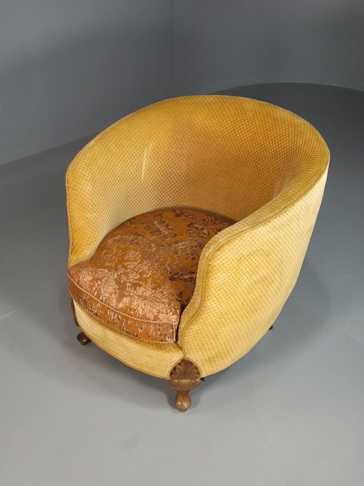 Antique Danish Gold Tub Chair Art Deco Carved Mahogany Feet EB8052 VCLO - UKDK FURNITURE