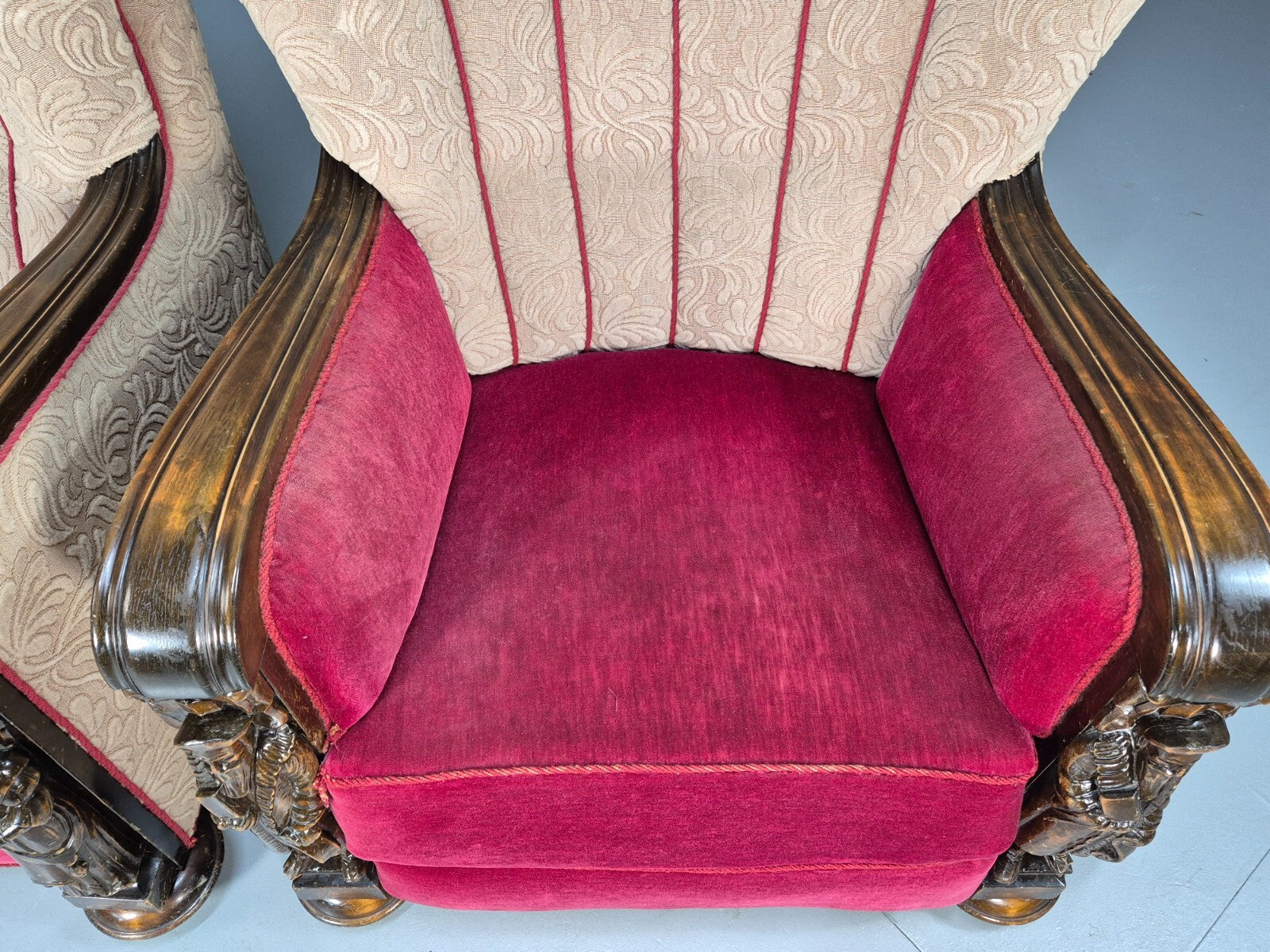 Art Deco Style Armchairs Pair Carved Oak Figures Creme Red Velour EB9586 VCAR - UKDK FURNITURE