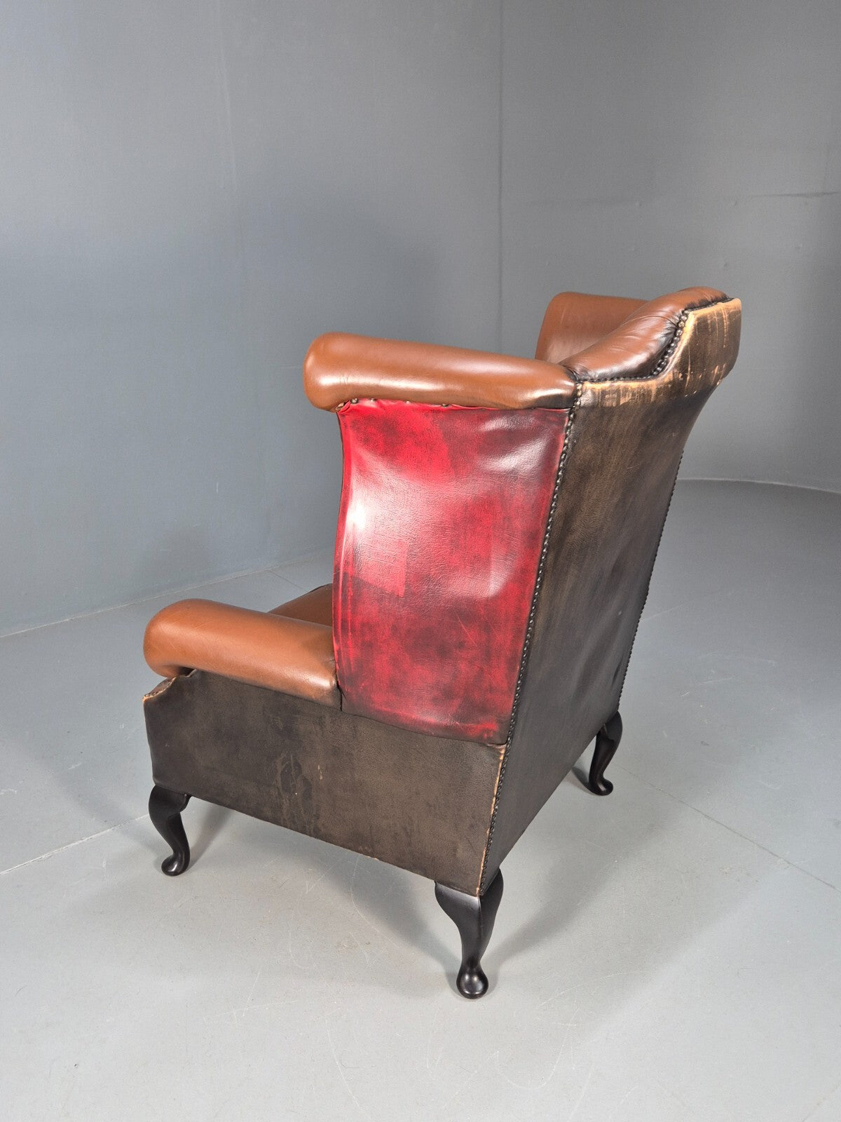 Vintage Leather Wingback Queen Anne Chair Brown 1980s Retro EB9543 VLEA - UKDK FURNITURE