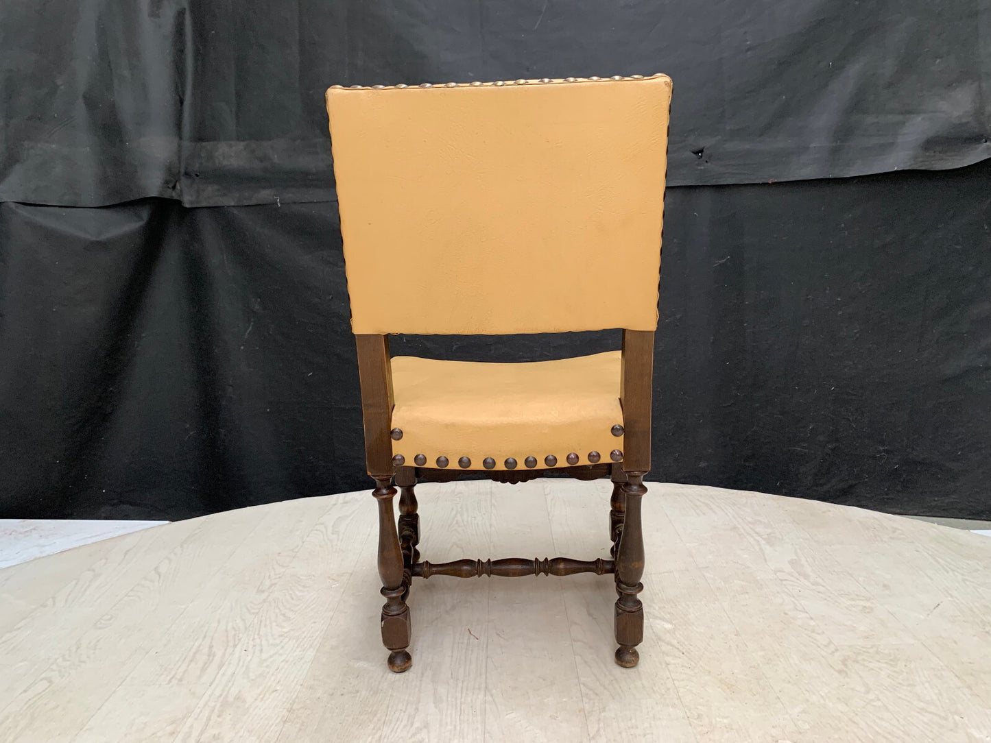 Danish Carved Dining Chair Studded Oak  with Tan Vinyl Vintage EB2915 VDIN6