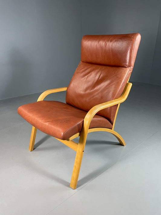 Vintage Danish Lounge Chair Brown Leather Bentwood Stouby Retro MCM EB6648 MBEN0