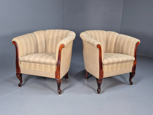 2Pair of Vintage Antique Danish Tub Chairs Beige Cream Stripes 1930s EB9049 VCLO - UKDK FURNITURE