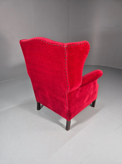 Wing Back Lounge Chair Red Velour Danish 1960s Georgian Style EB10754 VCLO15