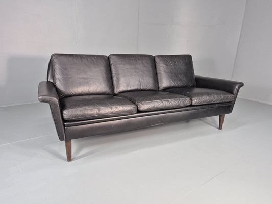 Vintage 1960s 3 Seat Sofa Danish Mid Century Design Black Leather EB10068 M3SS0