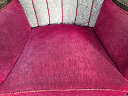 Art Deco Style Armchairs Pair Carved Oak Figures Creme Red Velour EB9586 VCAR - UKDK FURNITURE