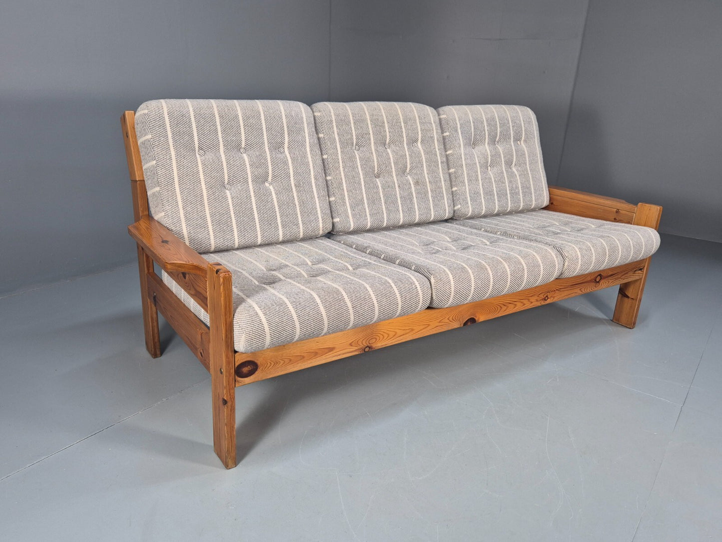 Vintage 3 Seater Pine Sofa Danish 1970s Retro Design Grey Striped EB9373 M3SS - UKDK FURNITURE