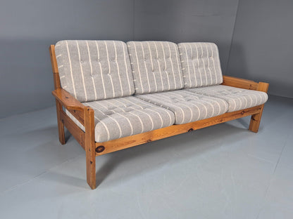 Vintage 3 Seater Pine Sofa Danish 1970s Retro Design Grey Striped EB9373 M3SS - UKDK FURNITURE