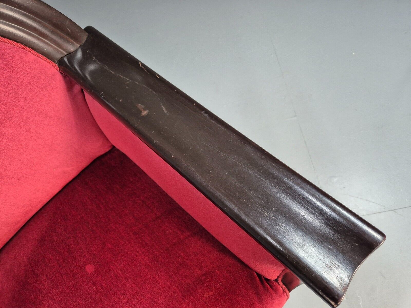 2 Vintage Danish Lounge Chairs Red Velour Mahogany Gondola Style EB8997 VCLO - UKDK FURNITURE