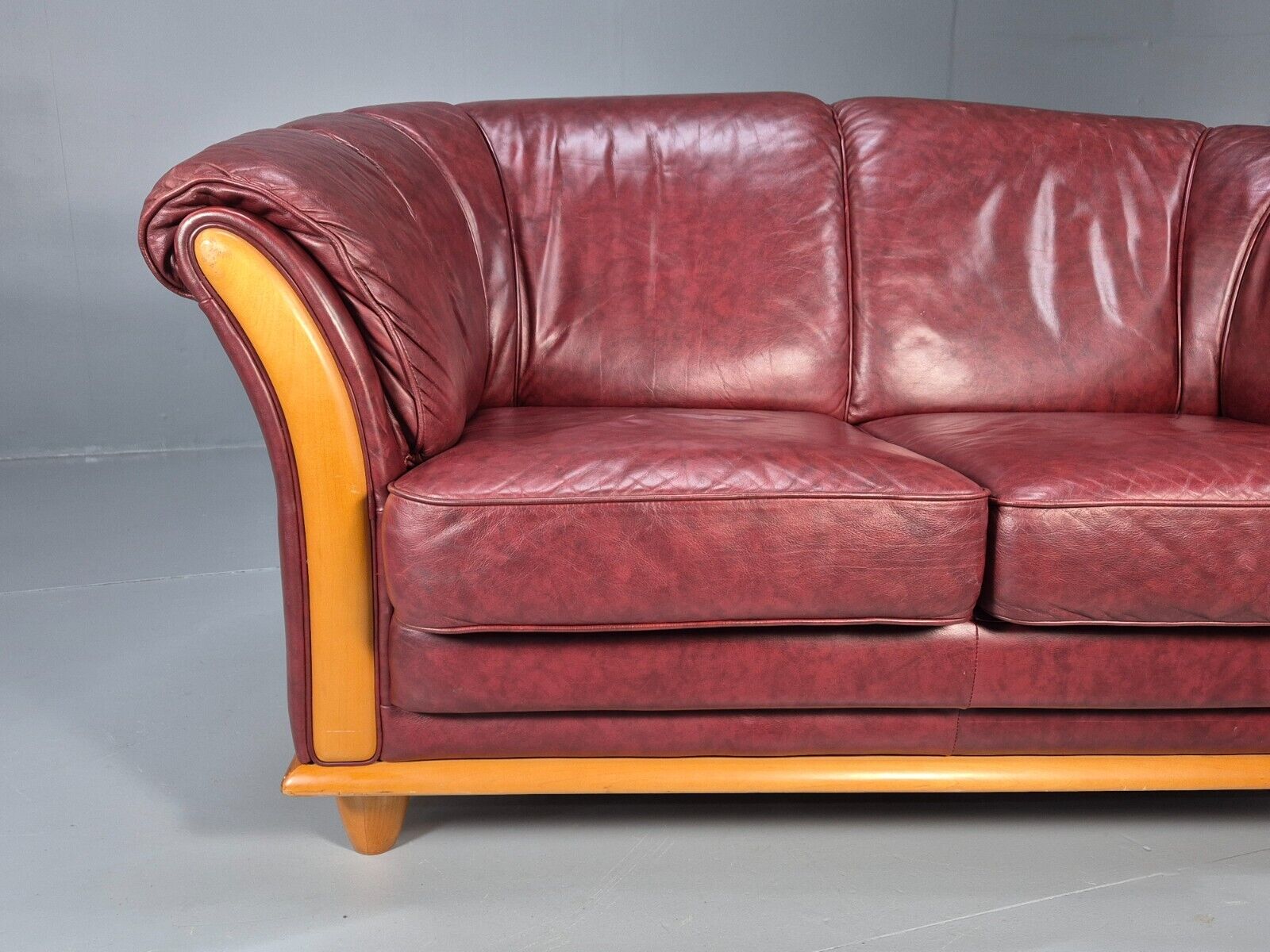 Vintage Danish 2 Seat Sofa Red Leather Wood Trim 1990s Retro EB8567 M2SS - UKDK FURNITURE