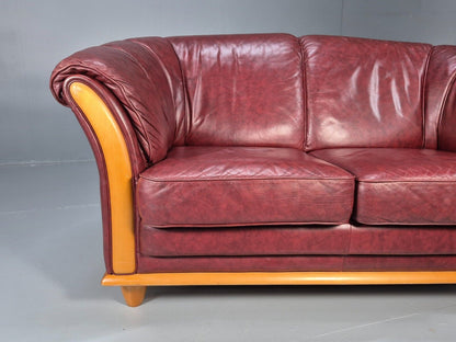 Vintage Danish 2 Seat Sofa Red Leather Wood Trim 1990s Retro EB8567 M2SS - UKDK FURNITURE