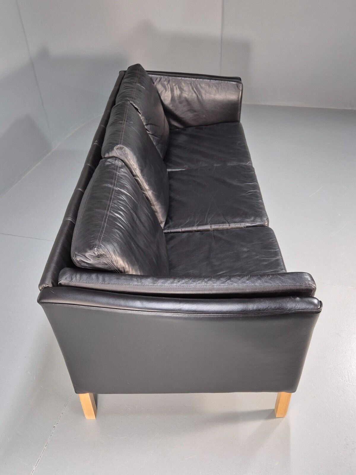 Vintage Danish 3 Seat Sofa Black Leather and Vinyl Straight Back EB8616 M3SS - UKDK FURNITURE