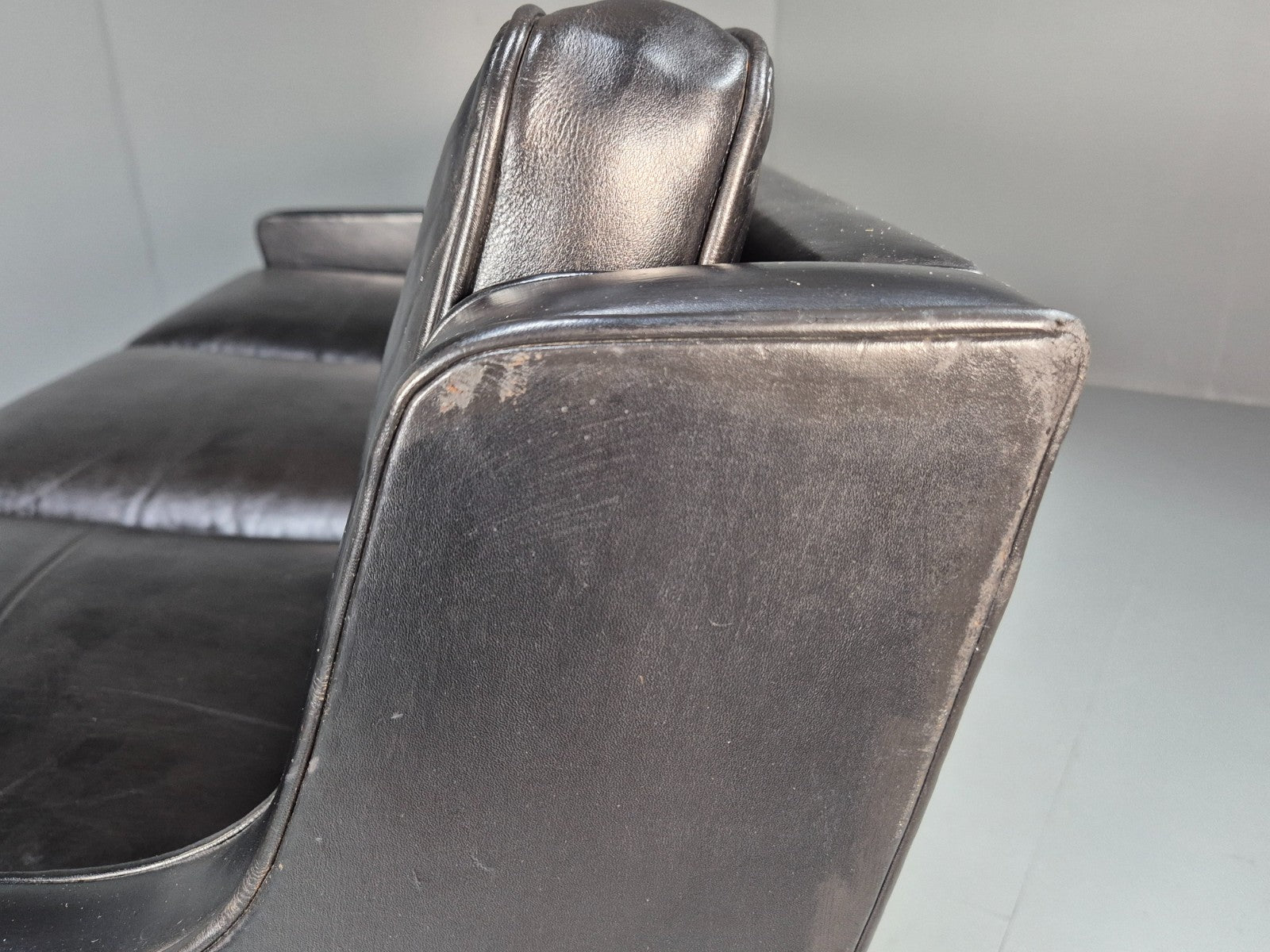 Vintage Three Seat Sofa Black Leather Danish 1960s Mid Century EB10208 M3SS21