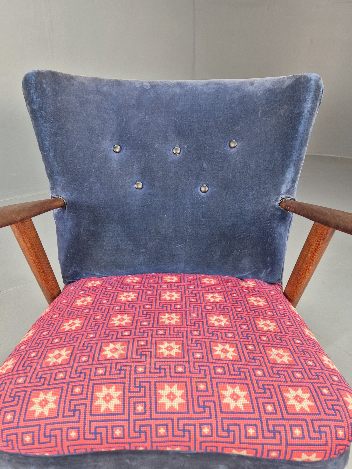 Danish 1960s Armchair Teak Blue Pink Fabric Eran Møbler EB9316 MNOR - UKDK FURNITURE