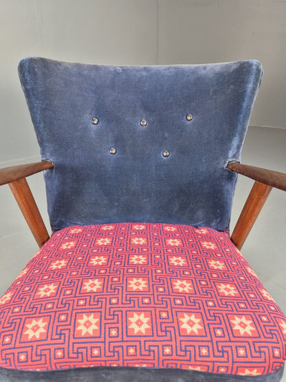 Danish 1960s Armchair Teak Blue Pink Fabric Eran Møbler EB9316 MNOR - UKDK FURNITURE