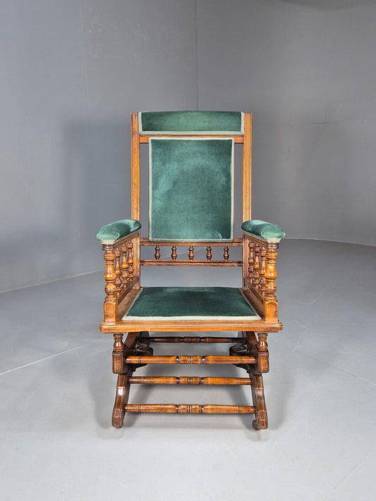 An Edwardian Mahogany Rocking Chair American Style Green Velvet EB9386 VCLO - UKDK FURNITURE