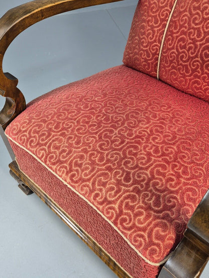 Vintage Danish Lounge Chair Red Moquette Beech Frame 1920s Antique EB8939 VCLO - UKDK FURNITURE