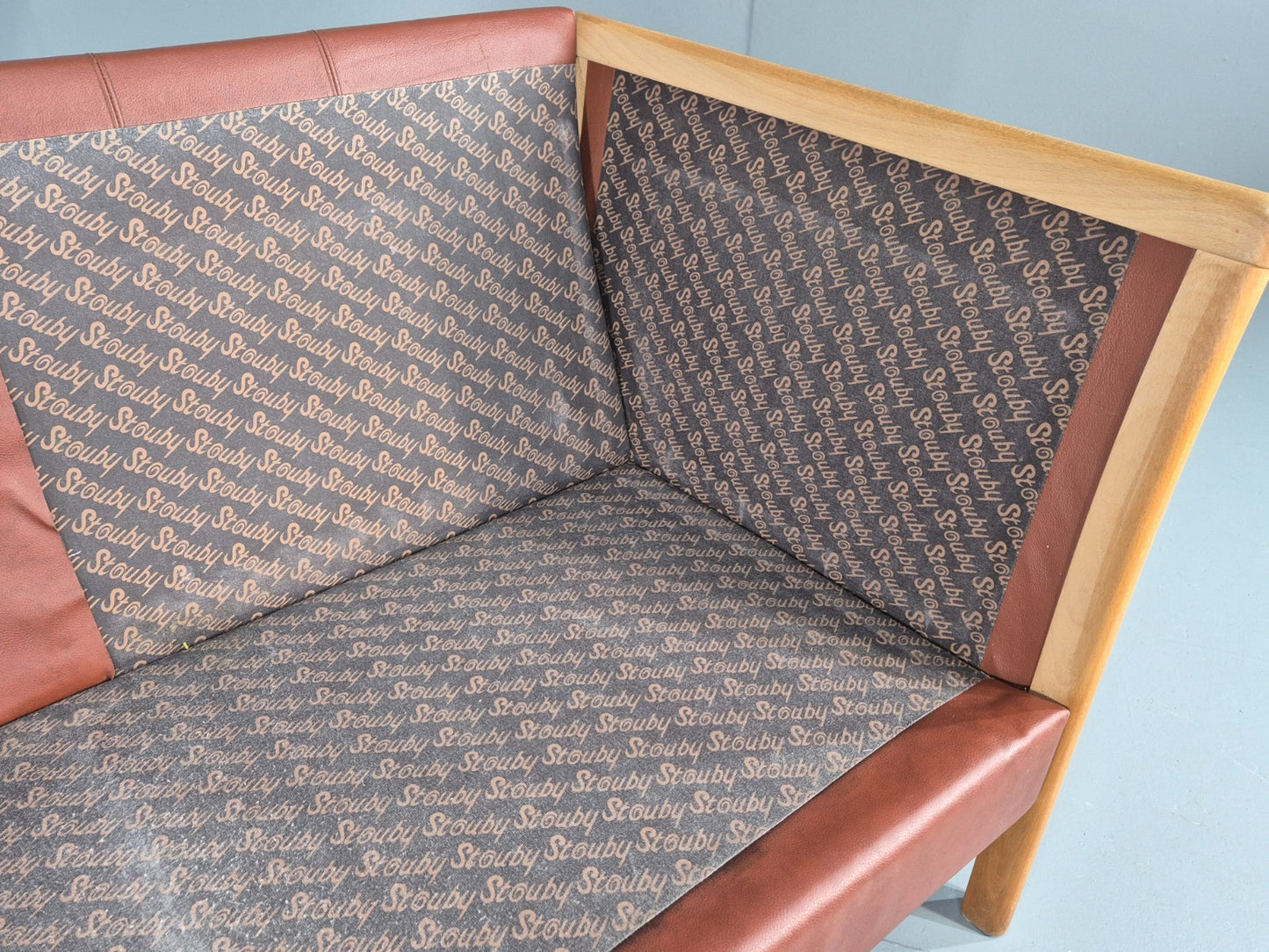 Vintage Stouby 2 Seat Sofa Reddy Brown Leather Beech Ends Retro EB10509 M2SS12