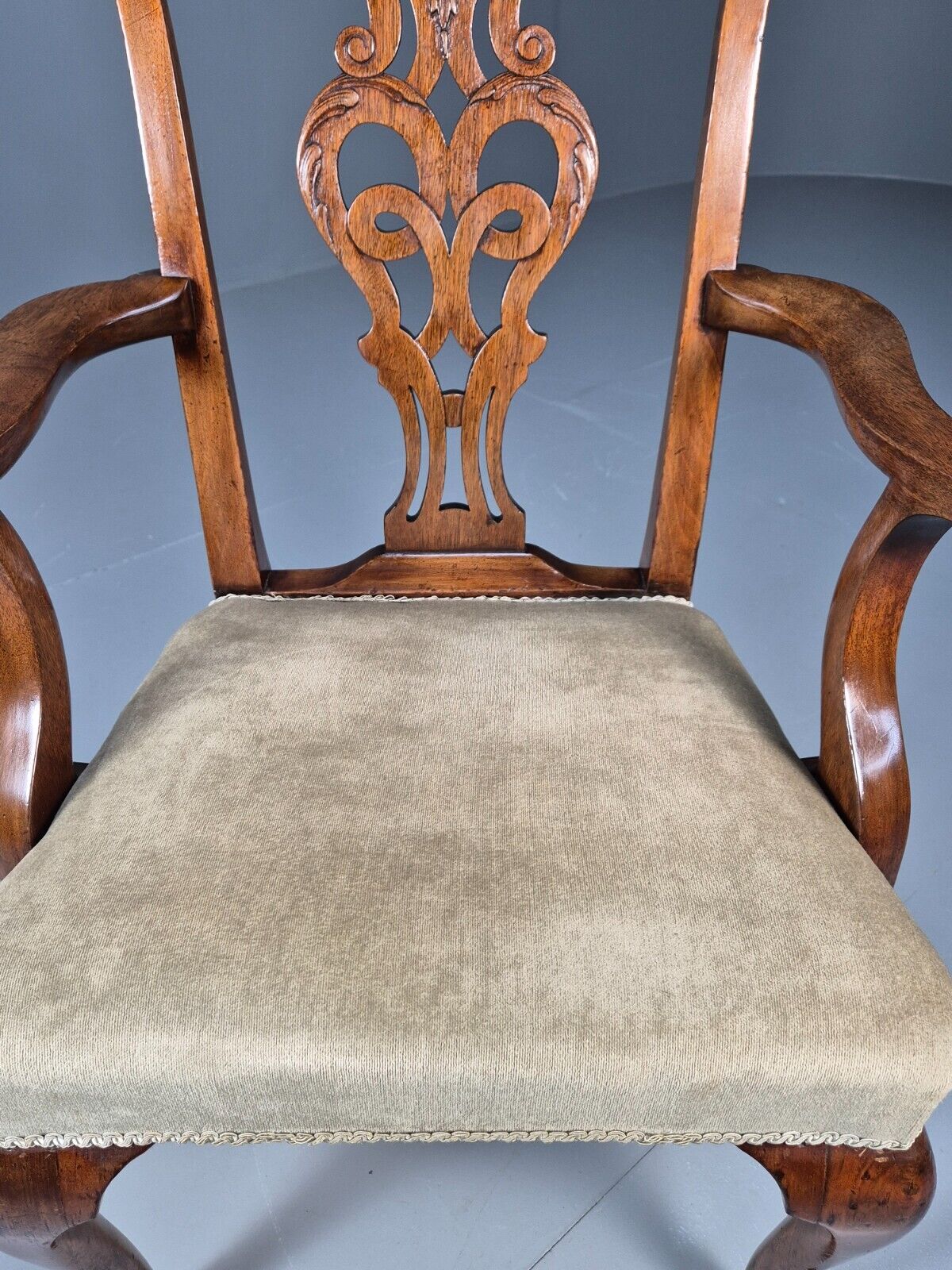 Antique Georgian Style Elbow Chair Mahogany Pad Feet Green Seat EB9387 VDIN - UKDK FURNITURE