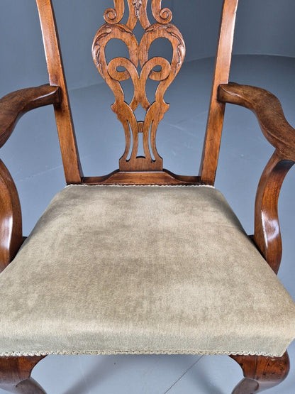 Antique Georgian Style Elbow Chair Mahogany Pad Feet Green Seat EB9387 VDIN - UKDK FURNITURE