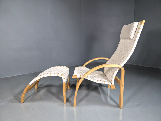 Vintage Danish Lounge Chair Footstool Canvas Bentwood Retro MCM EB7231 MBEN - UKDK FURNITURE