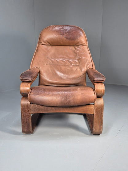 Vintage Danish Lounge Chair Brown Leather Bentwood Reclines Retro EB8783 MBEN - UKDK FURNITURE