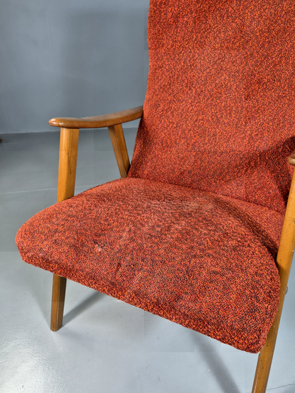 Vintage Swedish Lounge Chair Orange Beech Wood Frame Retro 1960s MCM EB7244 MNOR4