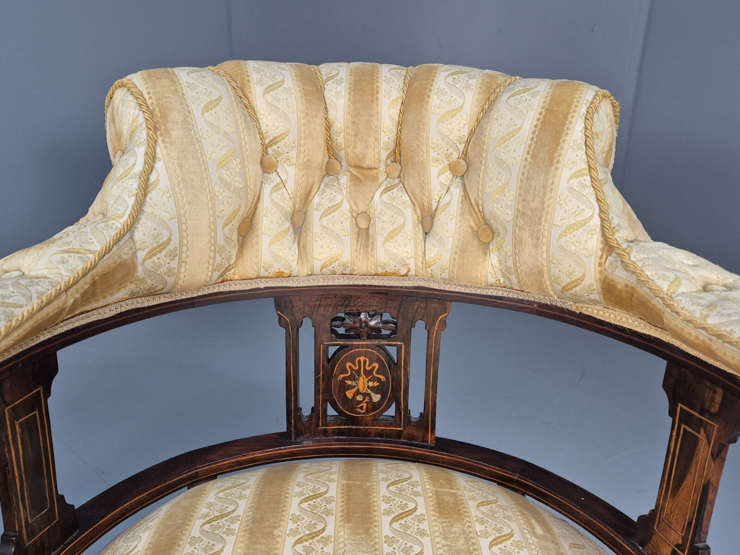 2 Vintage Lounge Chair Gold Stripe Mahogany Inlay Edwardian Revival EB8429 VCLO - UKDK FURNITURE