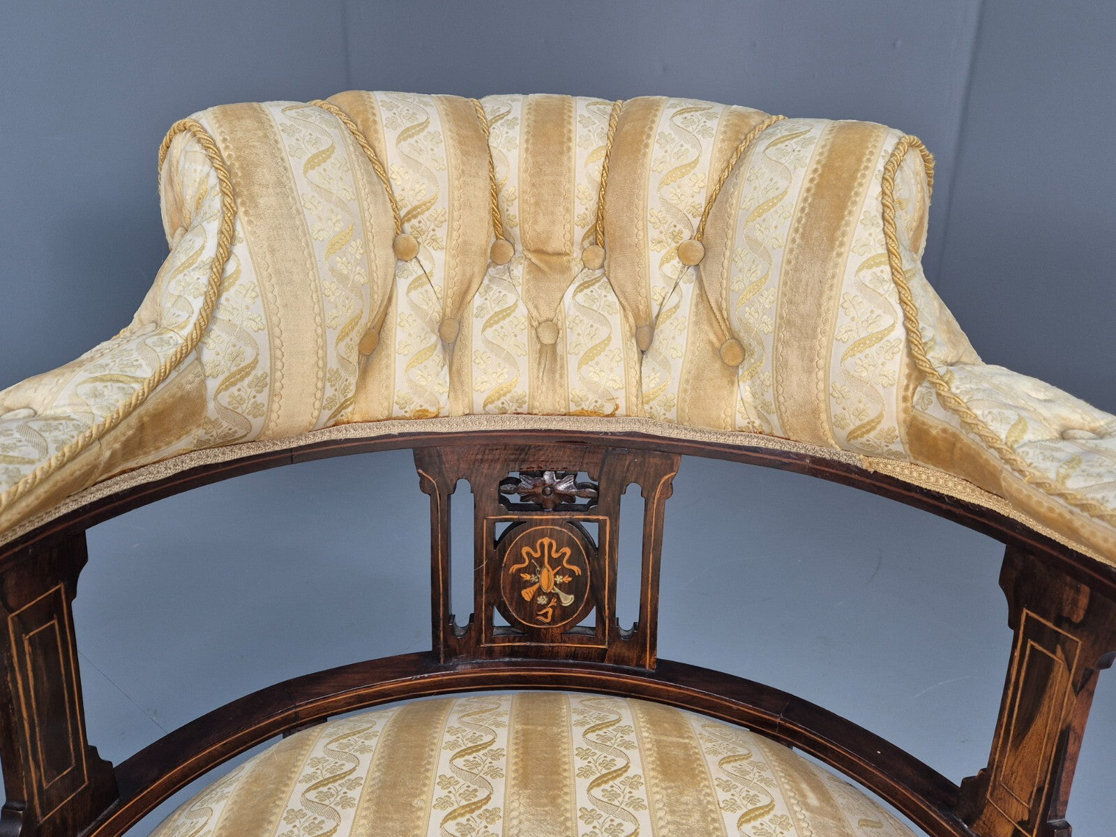 2 Vintage Lounge Chair Gold Stripe Mahogany Inlay Edwardian Revival EB8429 VCLO - UKDK FURNITURE