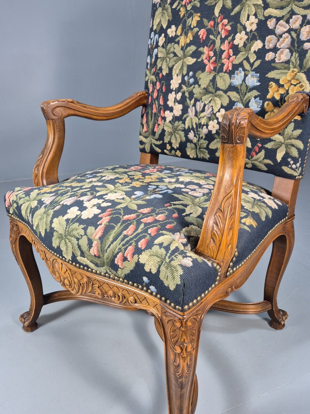Vintage Danish Lounge Blue Floral Oak 17th Century Style EB8994 VCLO - UKDK FURNITURE
